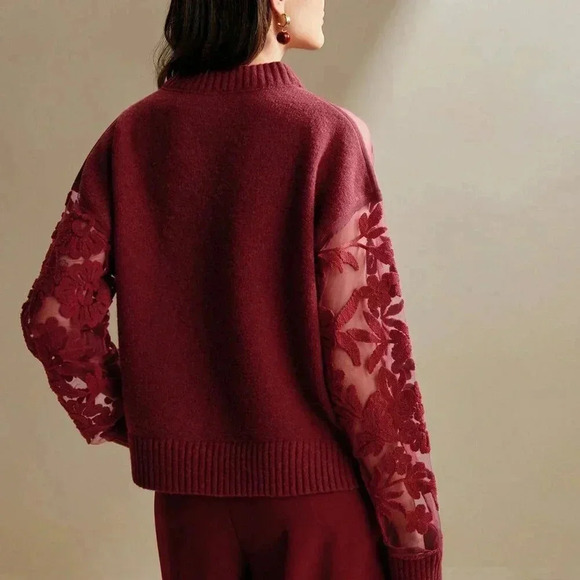 Burgundy Casual Women's Floral Pattern Round Neck Long Sleeve Knit Sweater - Picture 2 of 6